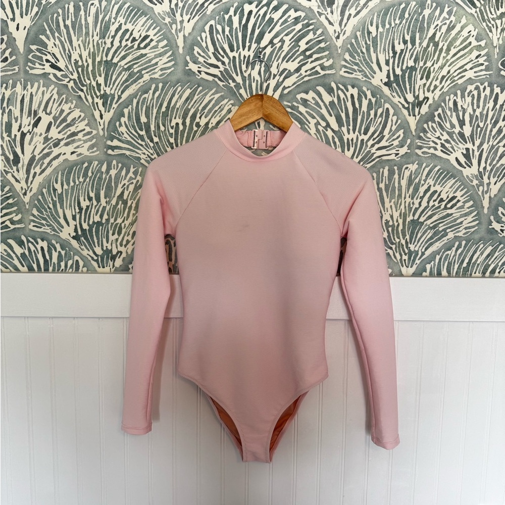 Pink J. Crew Active Ribbed Long Sleeve One Piece Swimsuit